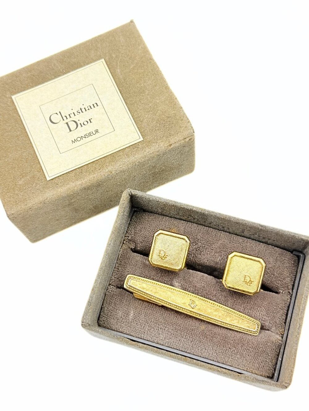 Christian Dior Signed Monsieur Gold Plate Crosshatch Cufflinks Tie Bar Set